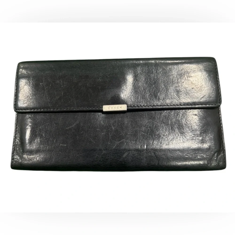 Vintage Coach Lexington Water Buffalo Black Leather Tri-Fold Long Wallet